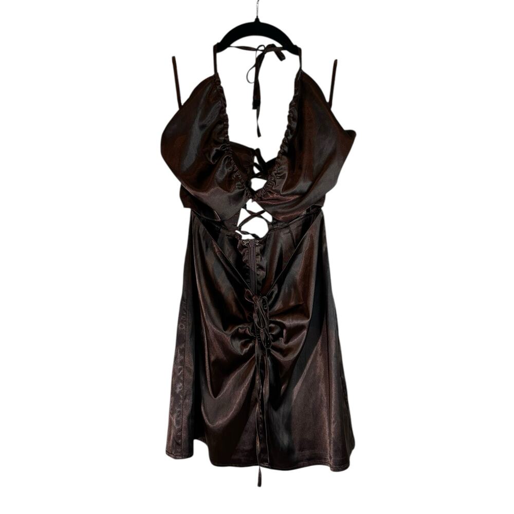 Tiger Mist Octavia Satin Halter Mini Dress Chocolate Brown Small Party Clubwear